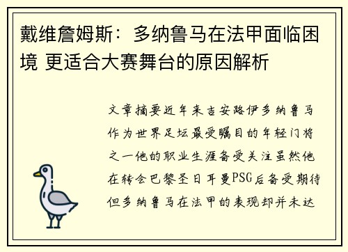戴维詹姆斯：多纳鲁马在法甲面临困境 更适合大赛舞台的原因解析