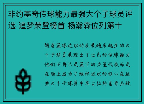 非约基奇传球能力最强大个子球员评选 追梦荣登榜首 杨瀚森位列第十